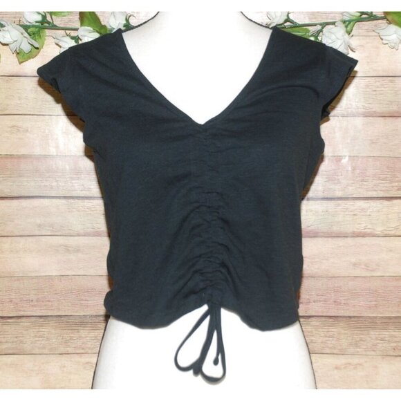 Roxy Black Cropped Knit Rib Top Size L Short Ruffle Sleeve Ruched Tie Up V-Neck - Picture 2 of 11